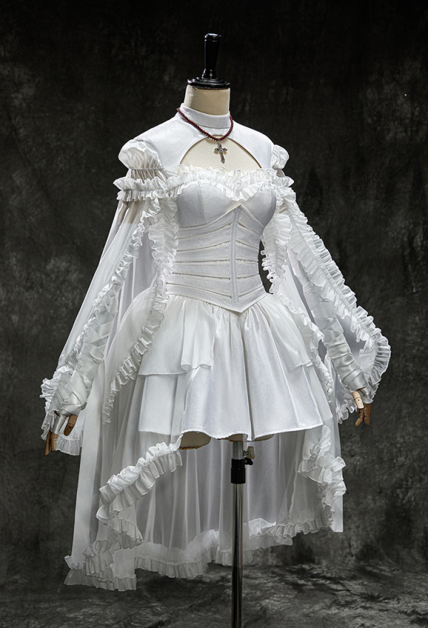 My Dying Bride Halloween White Short Wedding Dress Irregular Ruffled Dress with Corset and Gloves